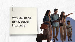 Family with luggage and passports happily explores, child pointing. Text: "Why you need family travel insurance" on textured background.