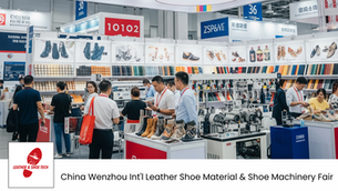People browse shoe materials and machinery at a trade fair. Booths display leather samples, shoes; colorful backdrop, busy atmosphere.