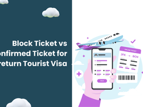 Hand holding a phone showing a booking app with a plane flying above and an online ticket. Text: "Block Ticket vs Confirmed Ticket for return Tourist Visa.