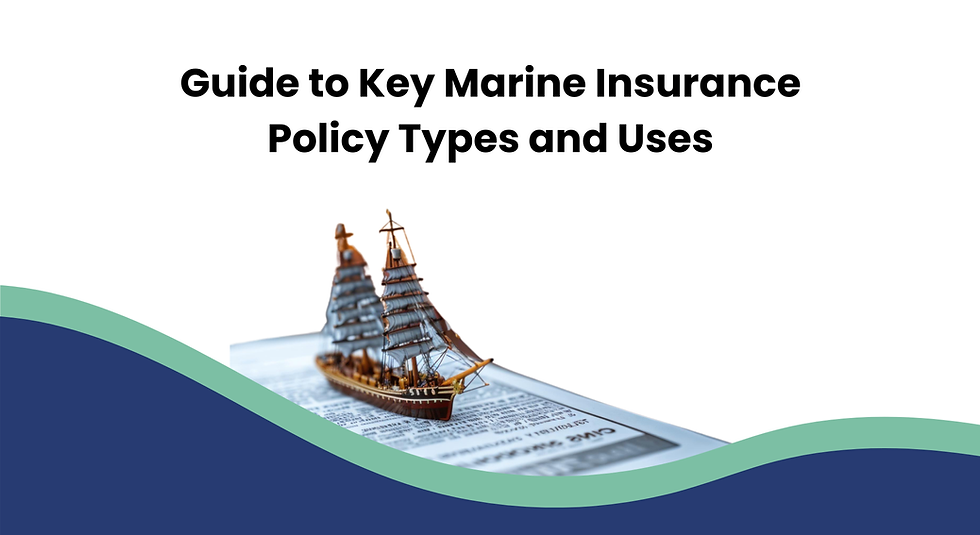A miniature wooden sailing ship placed over a marine insurance document, symbolizing different Marine Insurance Policy Types and their uses. The clean white background and wave-style blue and green design elements represent maritime protection, policy coverage, and risk management in marine insurance.