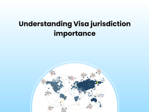 World map with dark blue countries, dotted lines, and location markers. Text above reads "Understanding Visa jurisdiction importance." Light blue background.