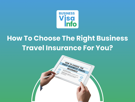 Tablet displaying business travel insurance info held by hands. Text: "How To Choose The Right Business Travel Insurance For You?" Blue-green gradient background.