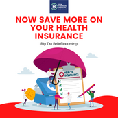 People with a giant clipboard labeled Health Insurance under a pink umbrella. Text: "Now Save More on Your Health Insurance."
