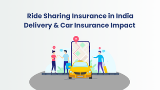 An illustrated graphic showing a yellow taxi, a mobile navigation map, and passengers using pickup points, representing how Ride Sharing Insurance supports rideshare drivers, delivery partners, and car owners in India. The image highlights the concept of Ride Sharing Insurance and its impact on delivery work and vehicle coverage.