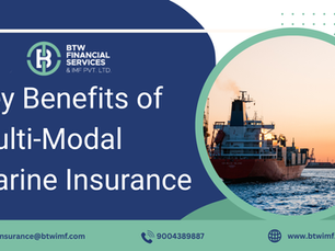 Marine insurance infographic with a ship at sunset. Text: "Key Benefits of Multi-Modal Marine Insurance." Contact info: email, phone, website.