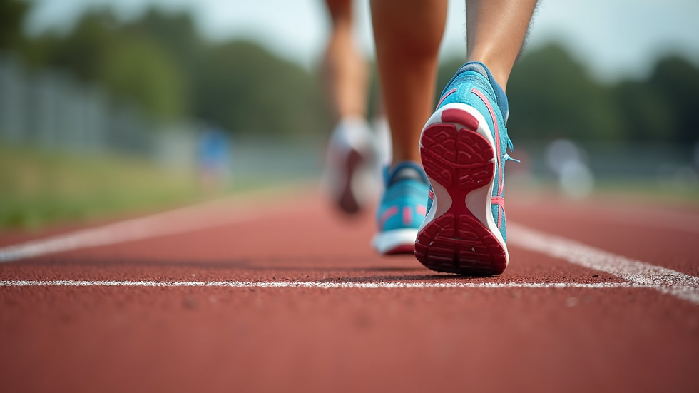 Close-up view of colorful running shoes on a track