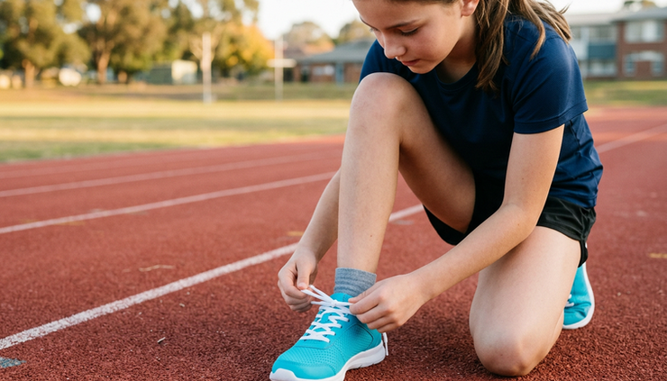 Close-up view of a girl tying her running shoes on an outdoor track.
