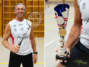 Landesmeister und österreichischer Meister Peter Weidinger mit Schläger, Pokal und Medaillen