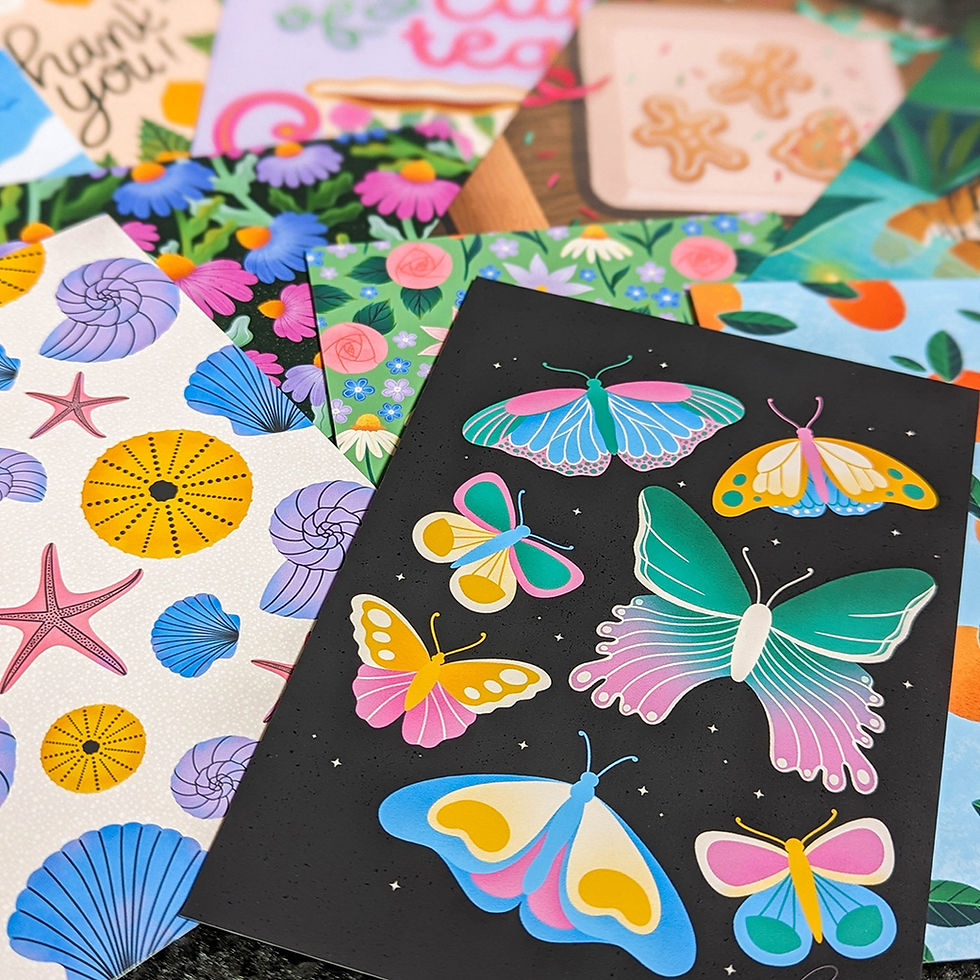 Tawn's beautiful and colourful promo cards for Surtex 2023