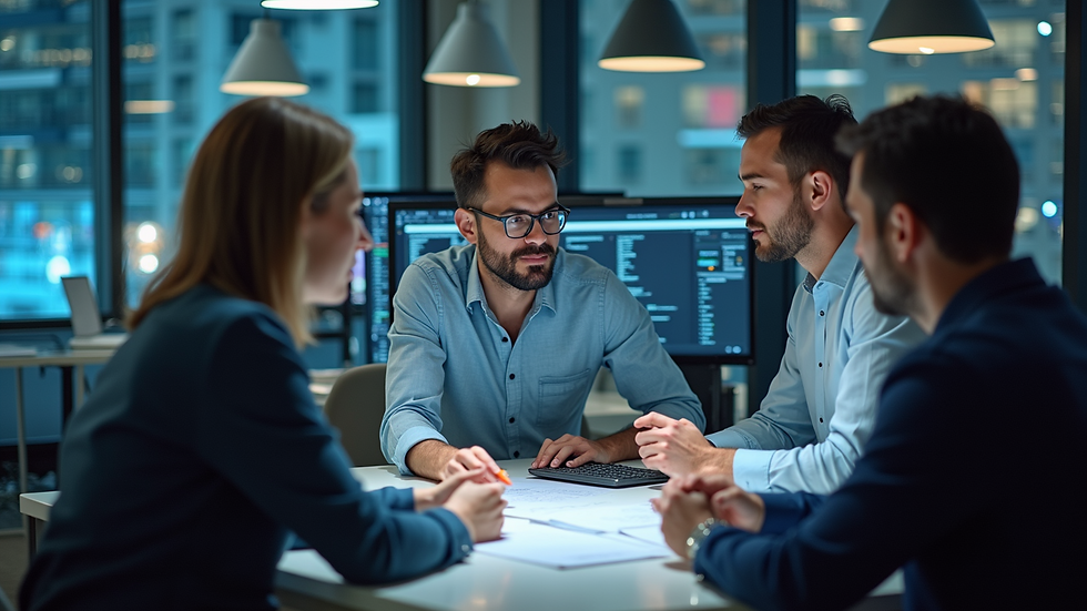 High-angle view of a team collaborating on IT business solutions