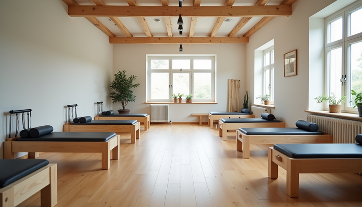 High angle view of a reformer Pilates studio with equipment arranged neatly