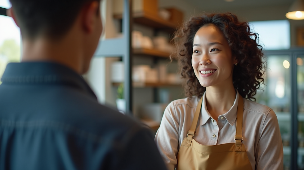 Eye-level view of a small business employee assisting a customer