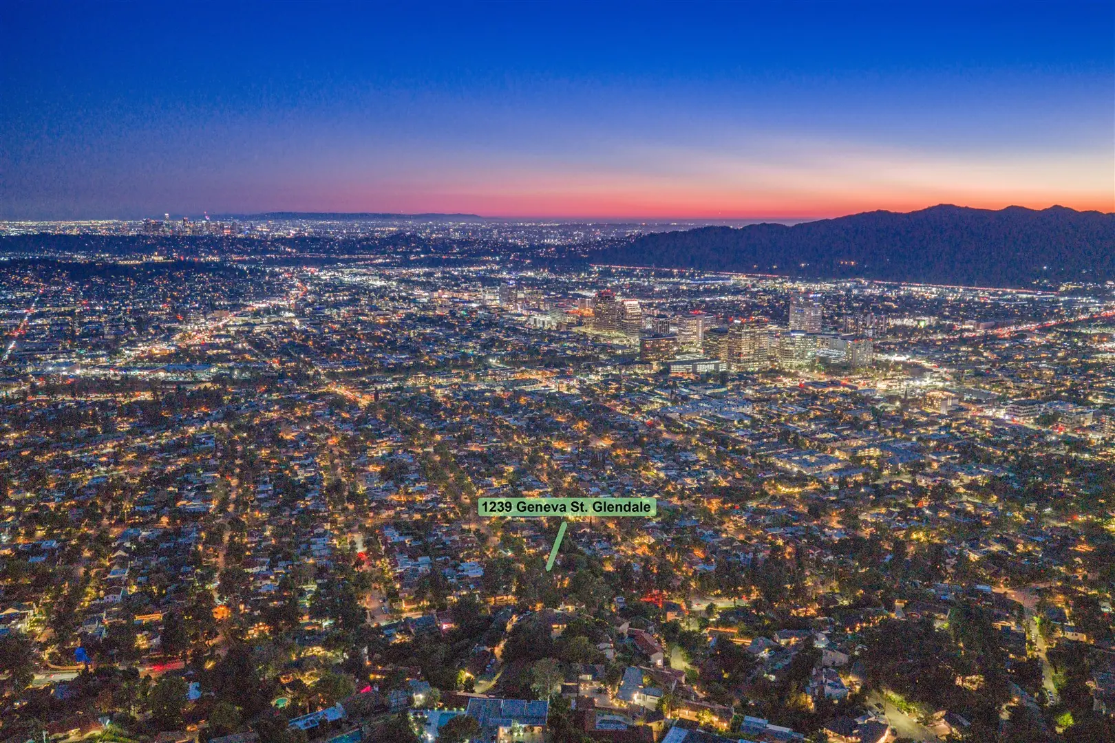 Aerial view of Glendale and the surrounding hills near 1239 Geneva Street