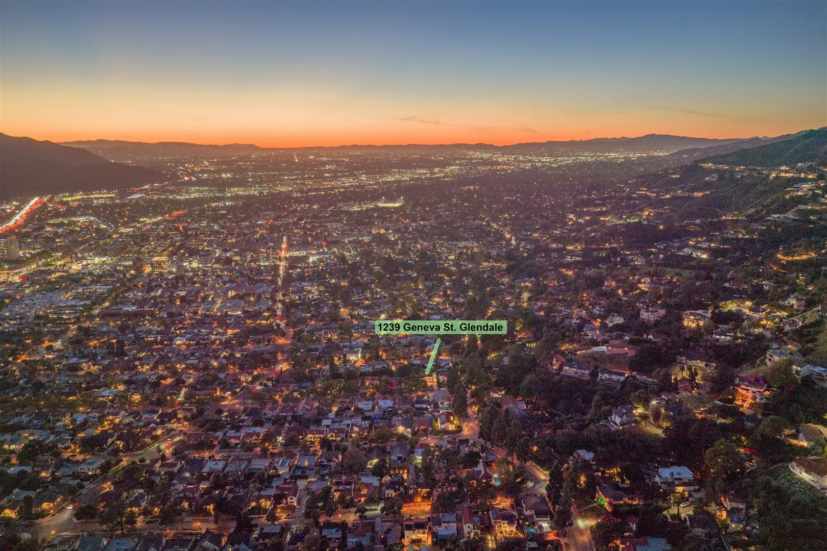 Aerial view of Glendale and the surrounding hills near 1239 Geneva Street