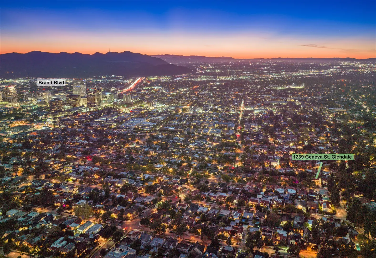 Aerial view of Glendale and the surrounding hills near 1239 Geneva Street