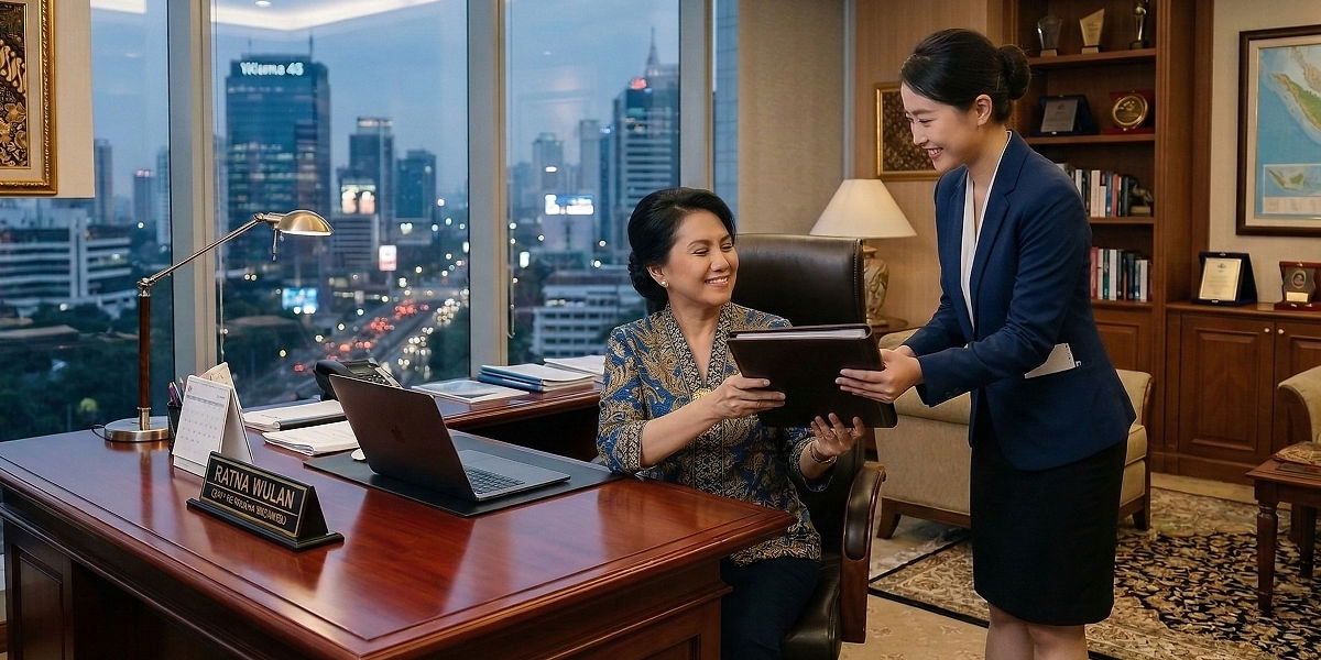 Two colleagues reviewing an itinerary together in a Jakarta office