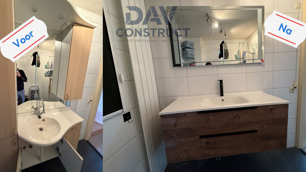 “Badkamer renovatie door DAV Construct: oude wastafel, spiegel en meubel verwijderd en vervangen door modern badkamermeubel.”