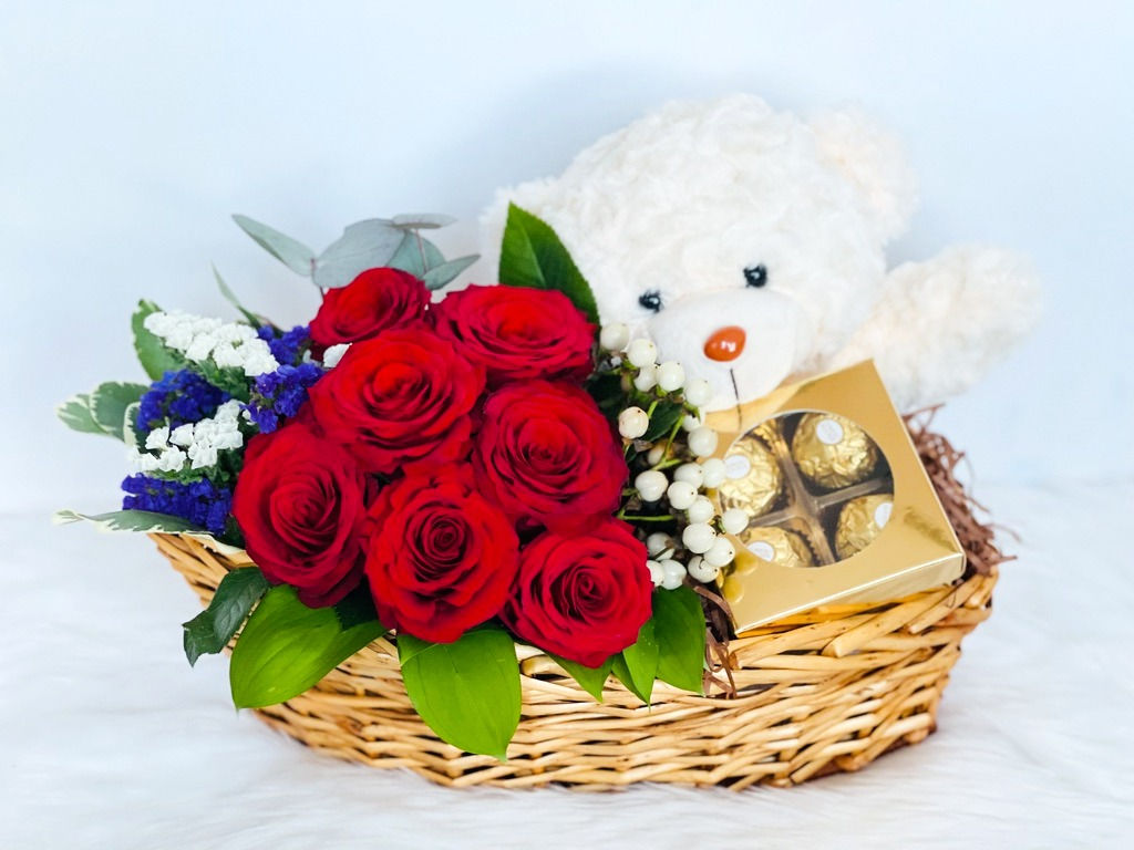 Royal Red Roses with Chocolates and Bear
