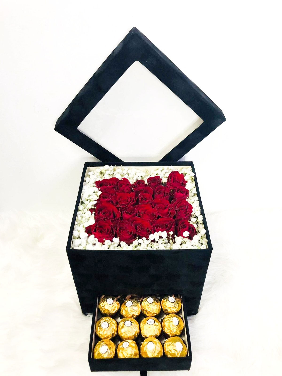 Roses and Chocolate in Velvet Box