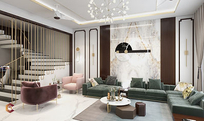 Luxury modern living room interior with green sectional sofa, pink accent chairs, marble feature wall, gold metal staircase railing, and contemporary lighting — a Greater Noida residential project designed by C Square Interiors Chennai.