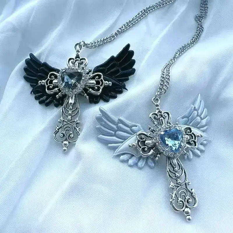 Male Aasimar Angelic Hybrid Wings Cross Pendant Necklace Heart Crystal Charm