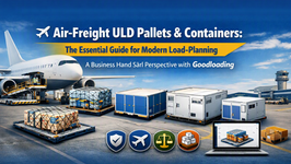 nfographic explaining air‑freight ULD pallets and containers, showing PMC, P6P, and LD3 base pallets with dimensions, LD3, LD7, LD9, and refrigerated ULD containers, plus icons for cargo safety, aircraft compatibility, cost efficiency, and load optimization, with a Goodloading 3D visualization on a laptop.