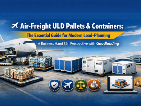 nfographic explaining air‑freight ULD pallets and containers, showing PMC, P6P, and LD3 base pallets with dimensions, LD3, LD7, LD9, and refrigerated ULD containers, plus icons for cargo safety, aircraft compatibility, cost efficiency, and load optimization, with a Goodloading 3D visualization on a laptop.