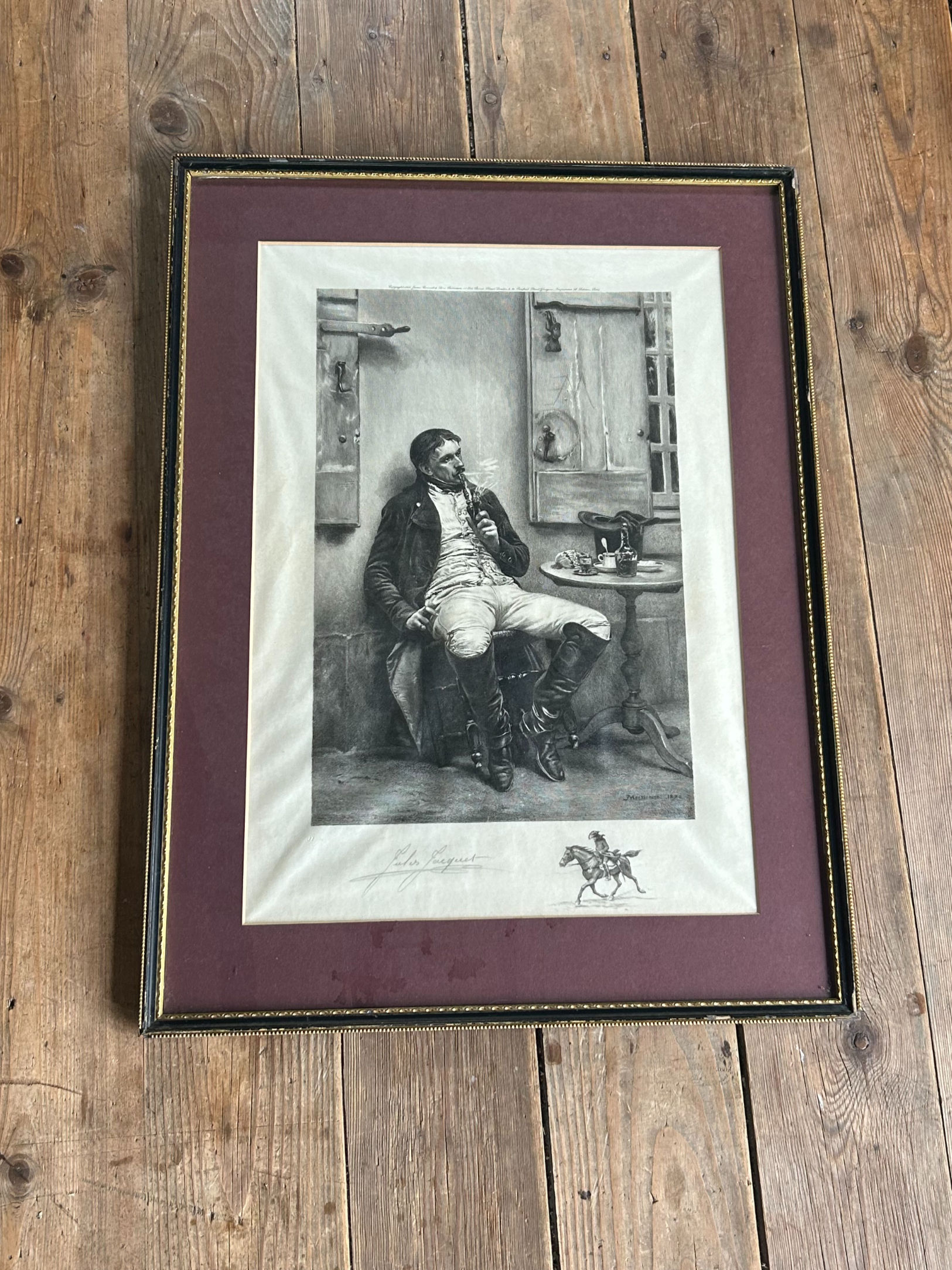 Antique Engraving – Seated Cavalryman Smoking a Pipe