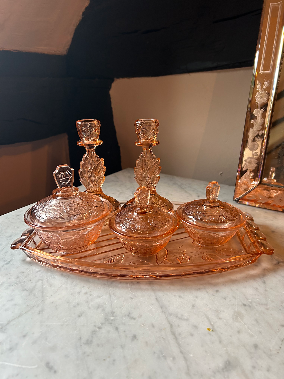 Rose Pink Depression Glass Vanity Set