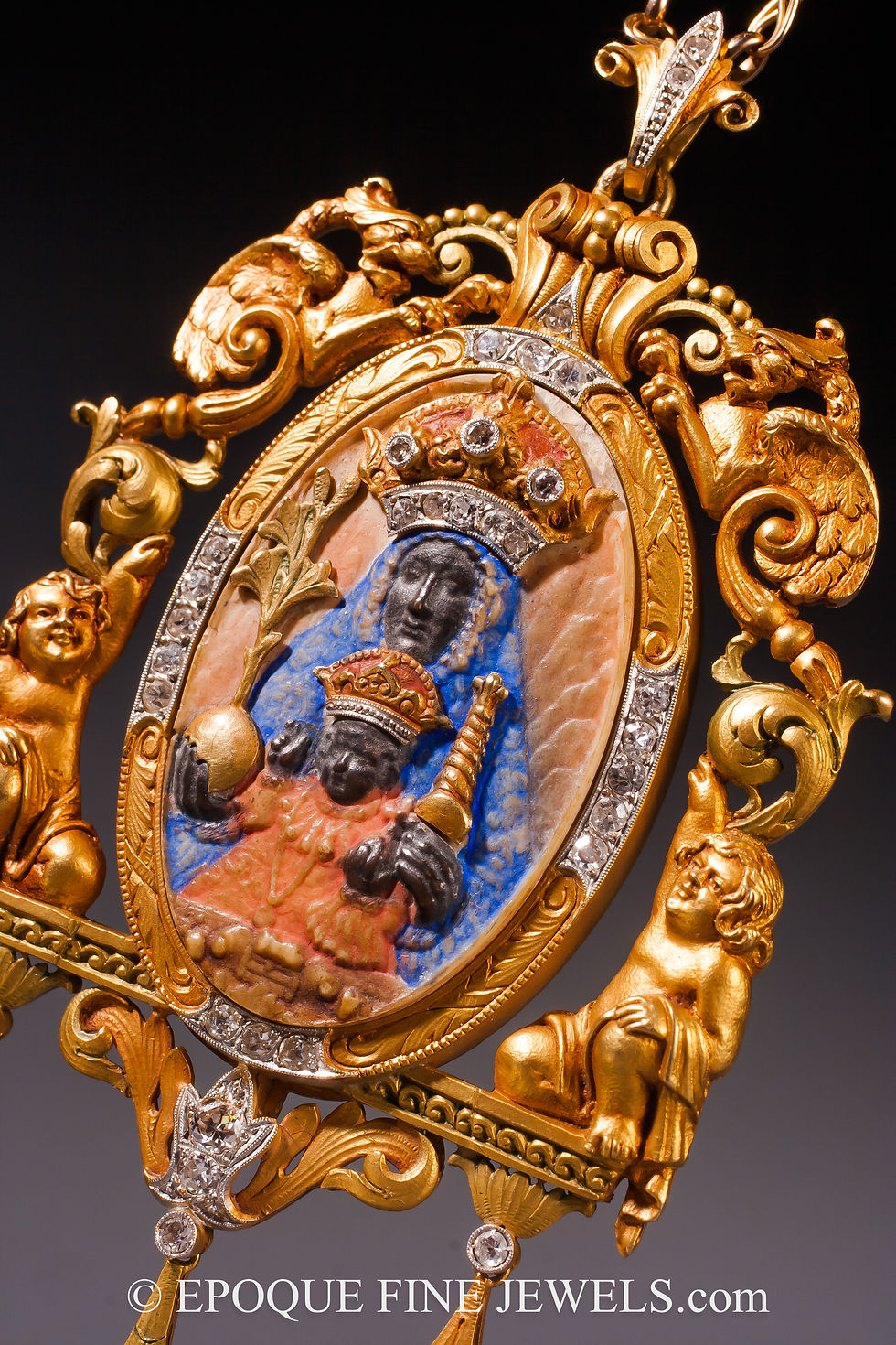 An unusual gold, diamond, ivory and tortoiseshell Renaissance Revival pendant