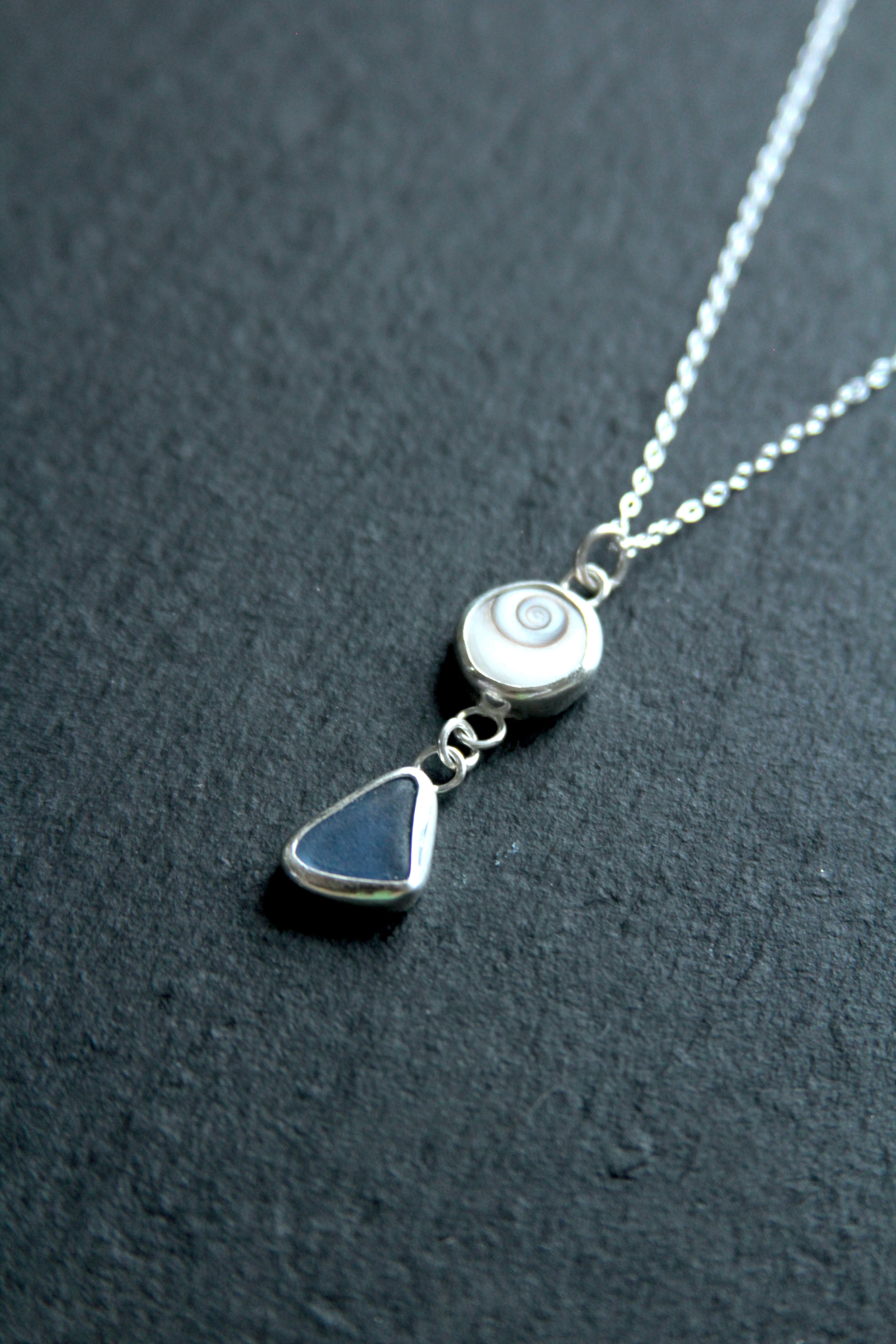 Maya Blue Sea Glass and Operculum Necklace