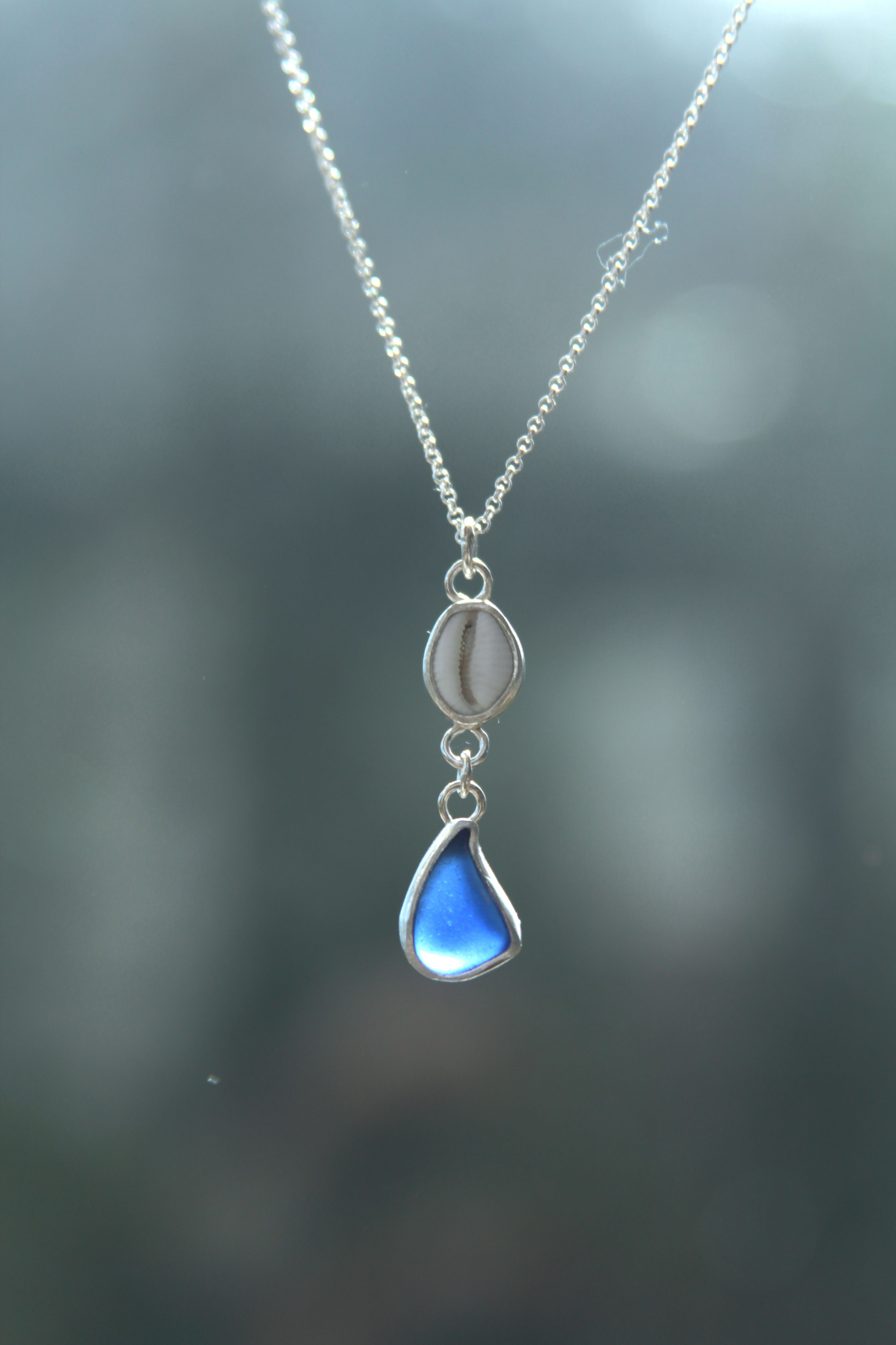 Cobalt Sea Glass and Cowrie Shell Necklace