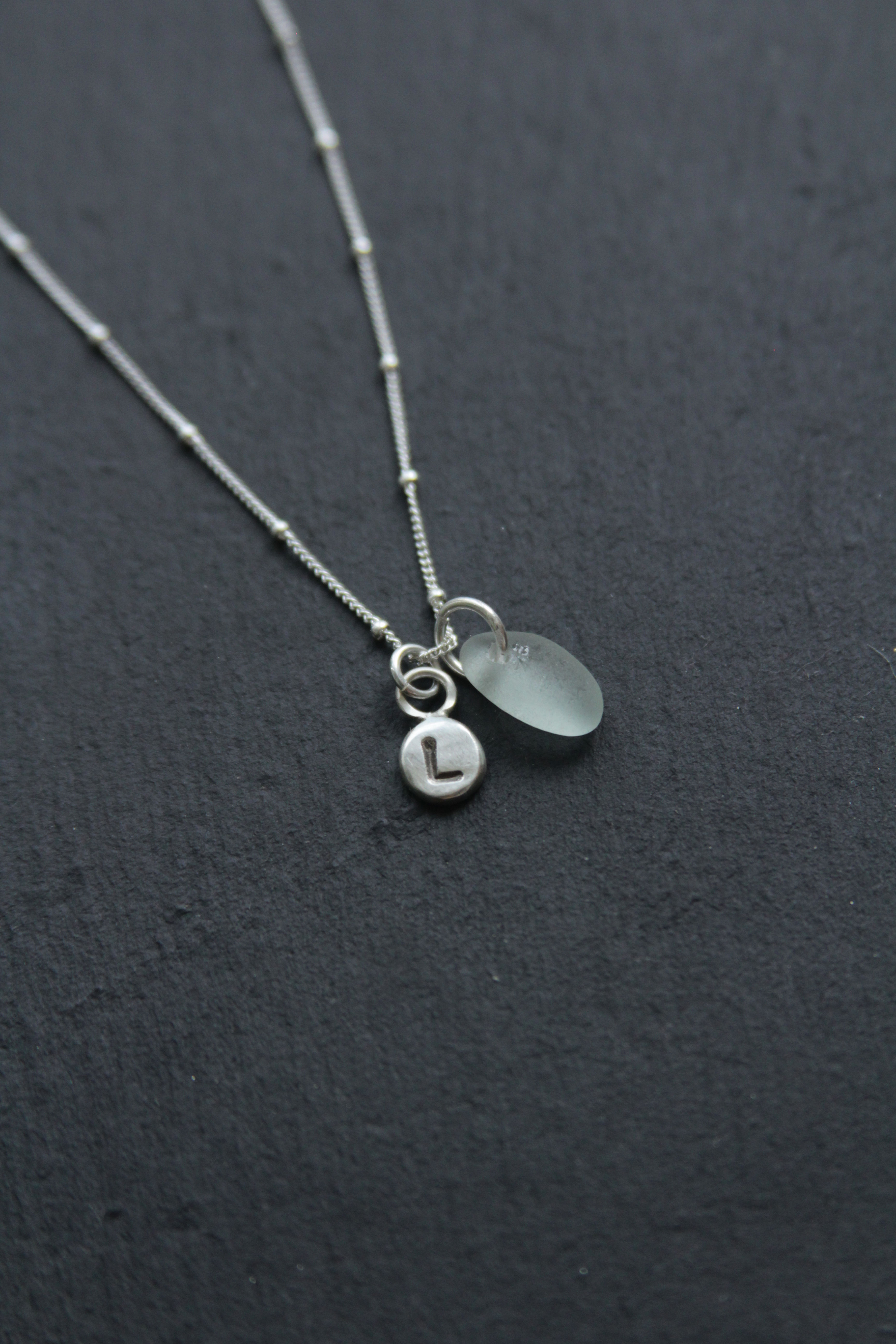Letter Silver Pebble and Sea Glass Charm Necklace