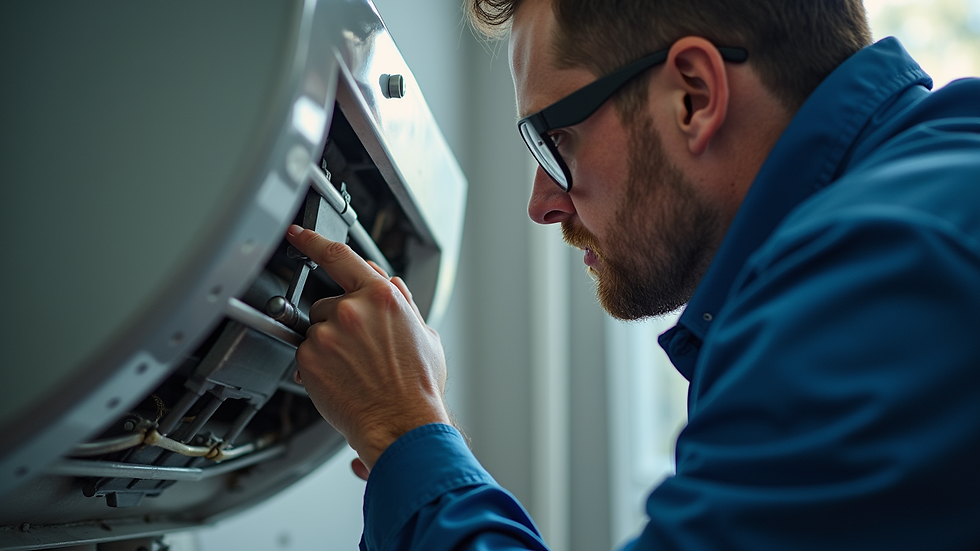 Eye-level view of a professional HVAC technician inspecting an air conditioning unit