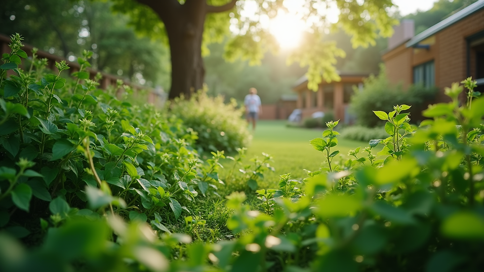 Eye-level view of a lush green garden with diverse plants