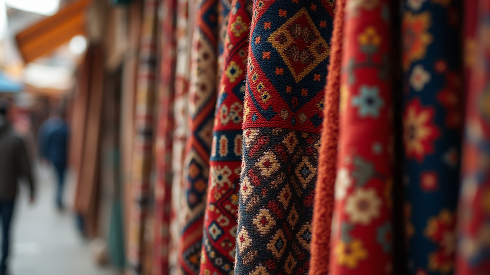 Eye-level view of detailed hand-knotted carpets hanging in a market