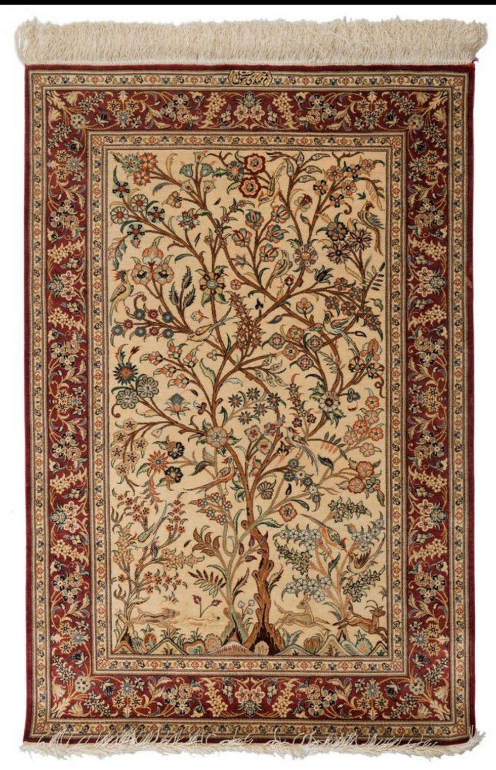 High angle view of a living room with a large patterned rug