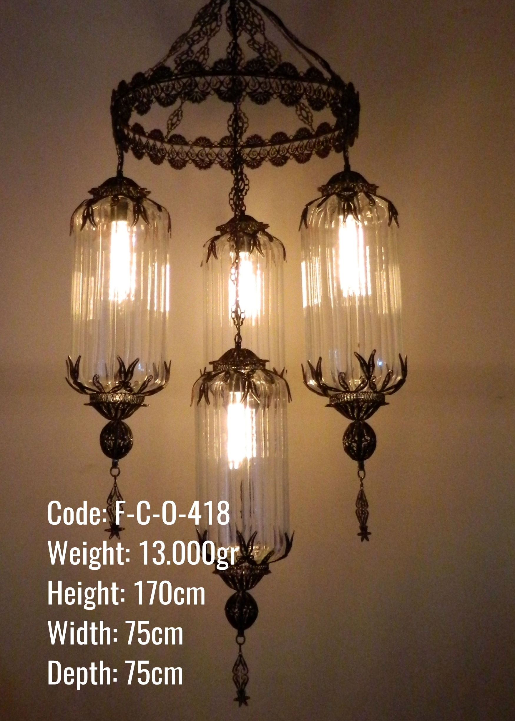 OTTOMAN COPPER FILIGREE CHANDELIER, 4 LAMPS