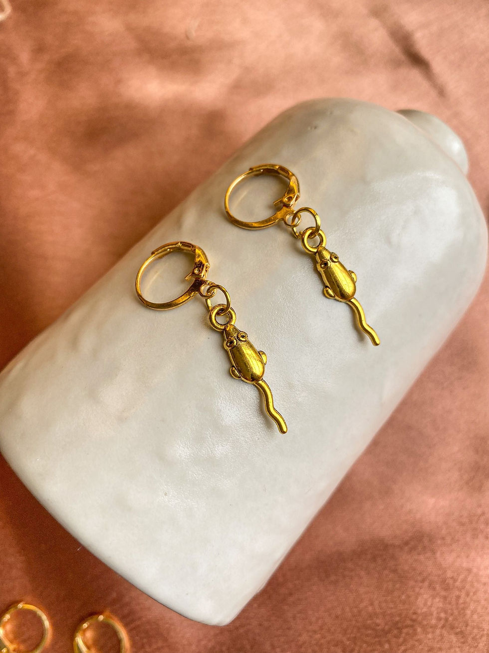 Thumbnail: Antique Gold Mouse Hoop Earrings