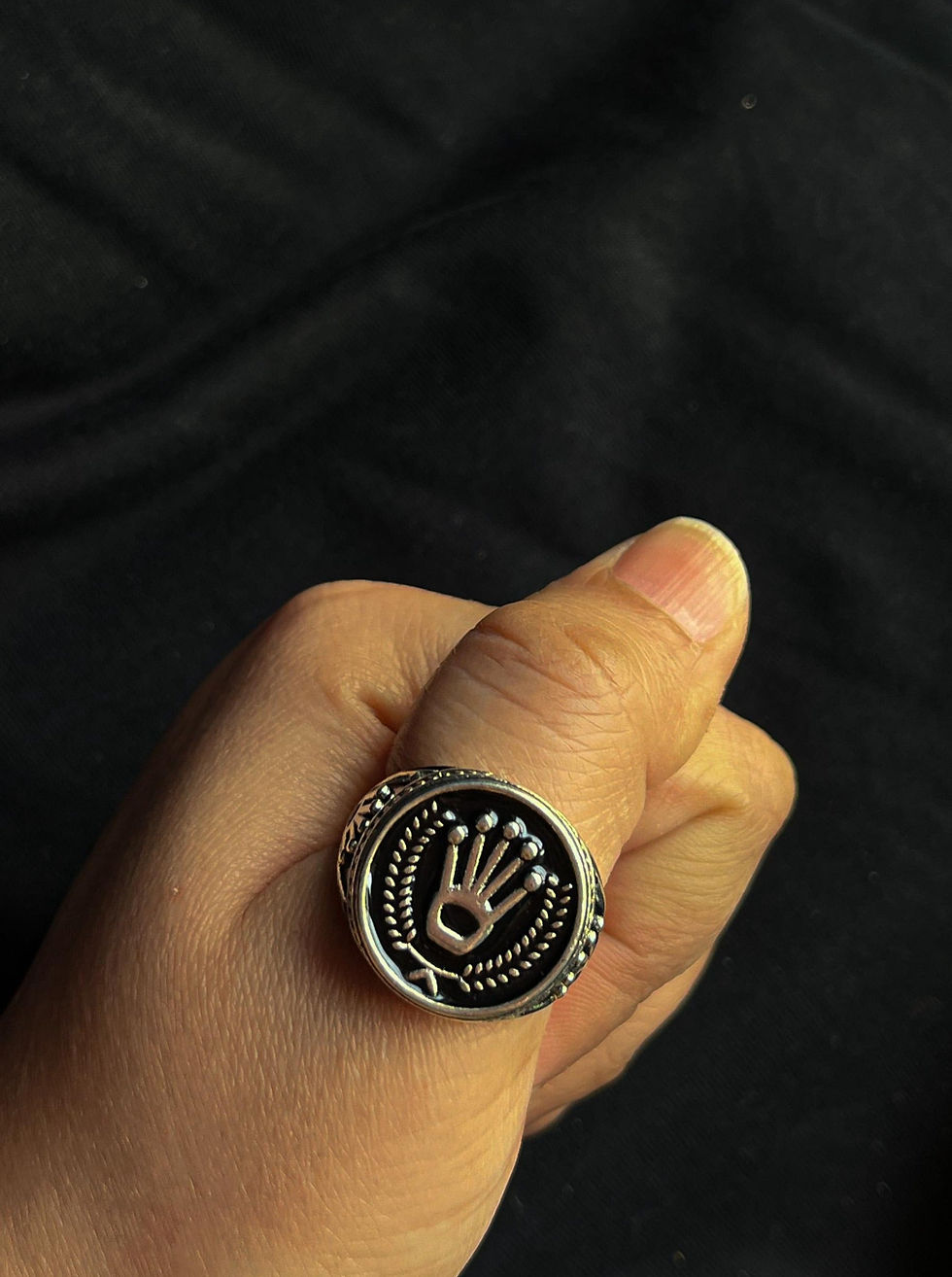 Thumbnail: Hamsa Hand Silver Oxidised Waterproof Ring