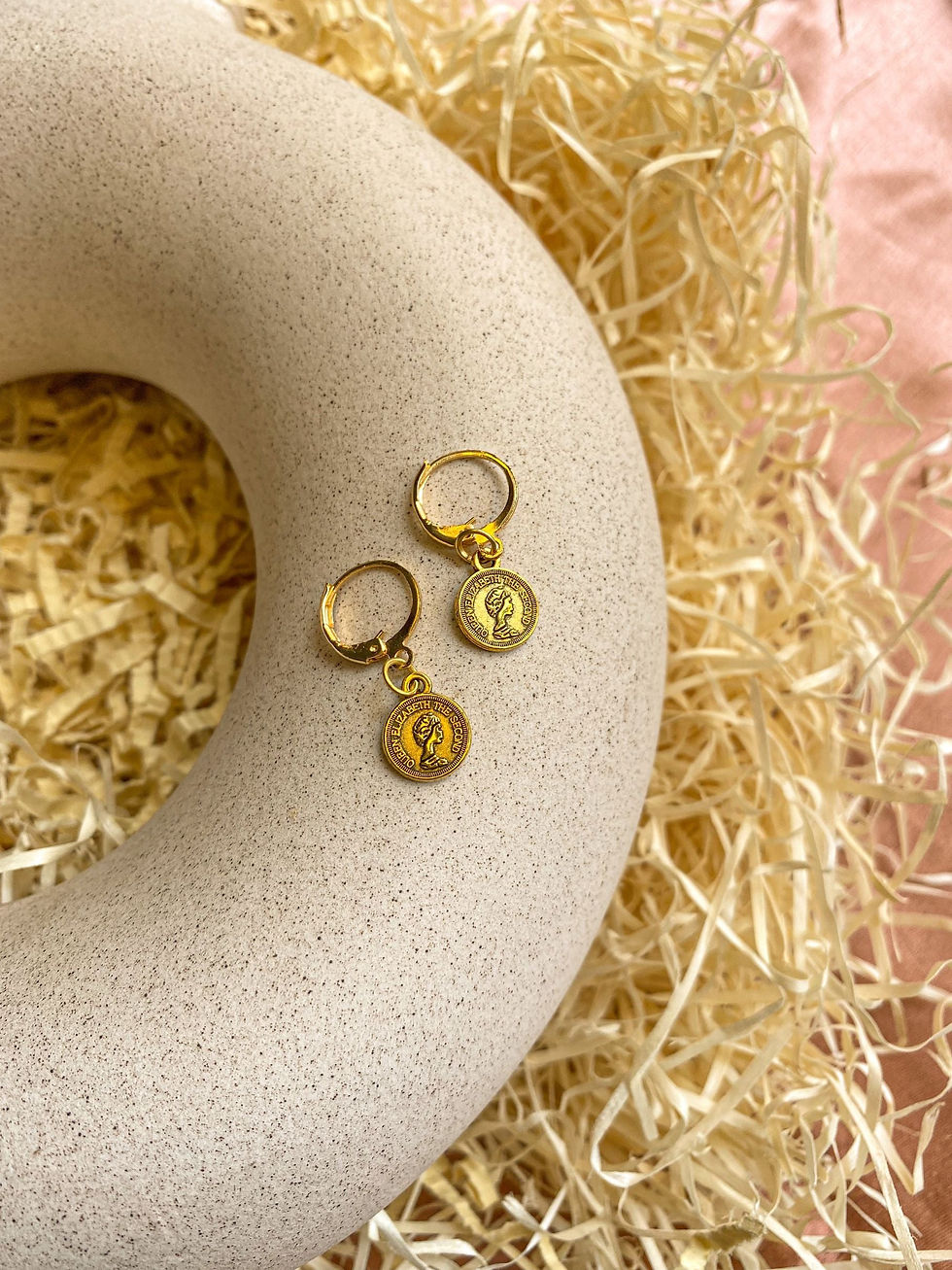 Thumbnail: Mini Elizabeth Coin Charm Antique Golden Hoop Earrings