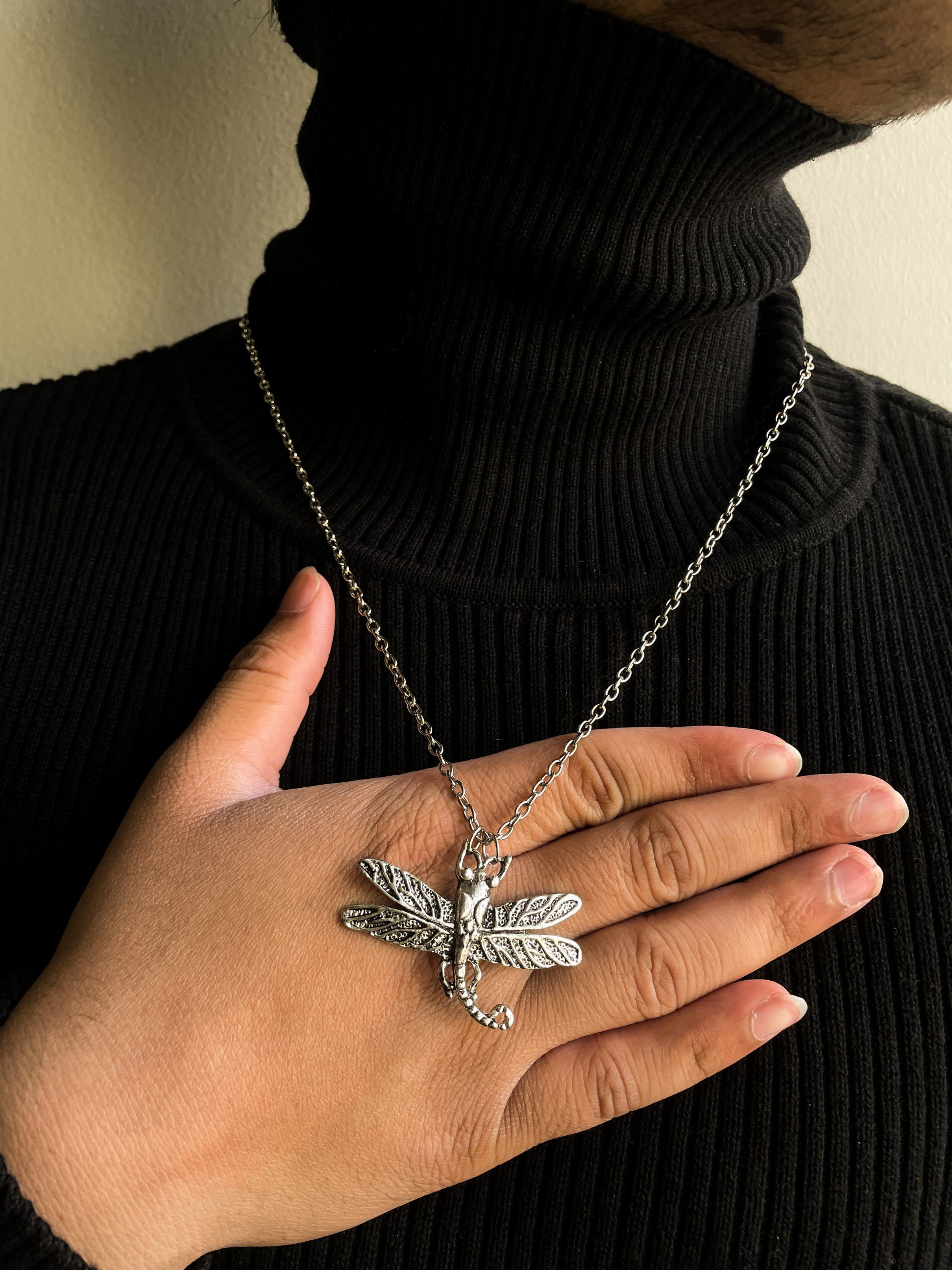 Big 3D Silver Dragonfly Statement Pendant With Chain