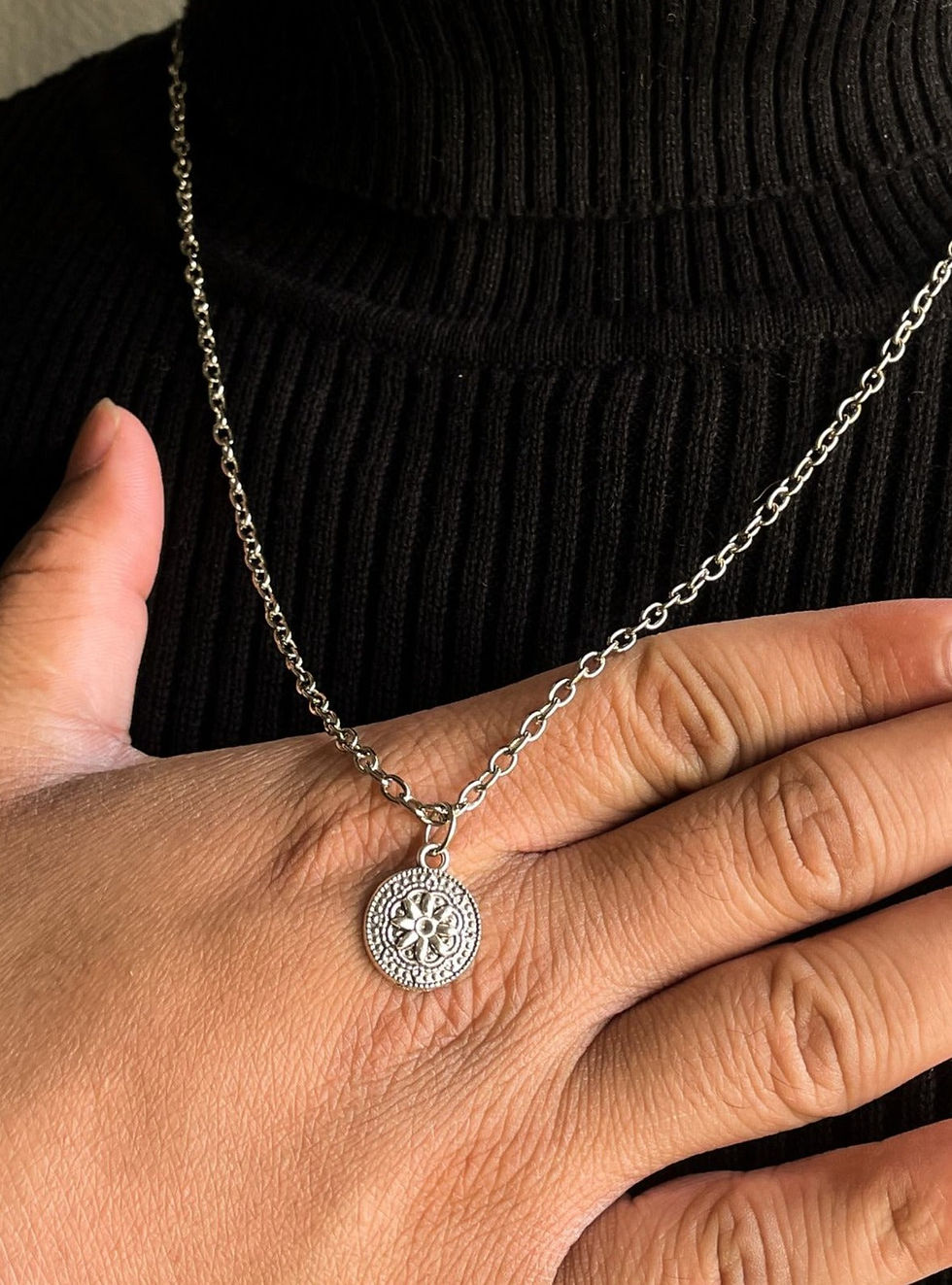 Thumbnail: 3D Silver Flower Coin Pendant With Chain