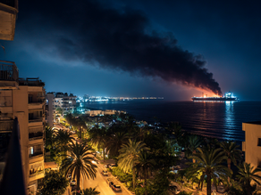 Smoke rising over the Mediterranean from the Lebanese coast July 2006