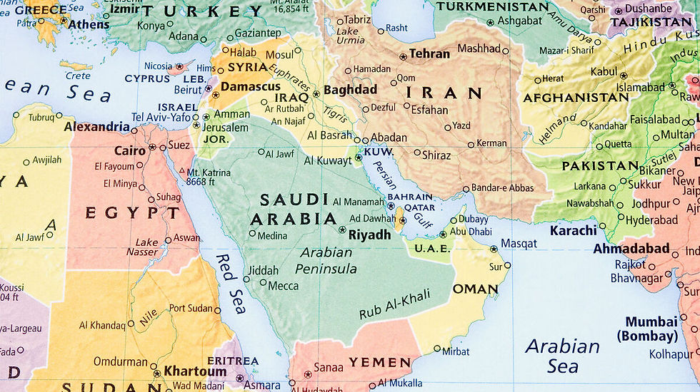 The Middle East is located between the Mediterranean, Black, Caspian, Arabian and Red Seas. It has an approximate area of 7,200,000 km2 covering more than 15 territories.