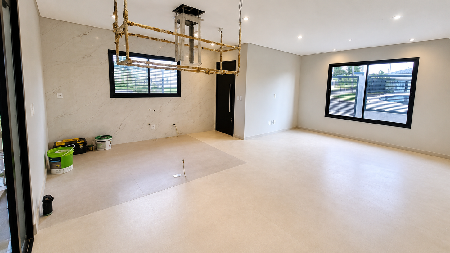 Sala ampla com piso claro, janelas pretas e lustre dourado.