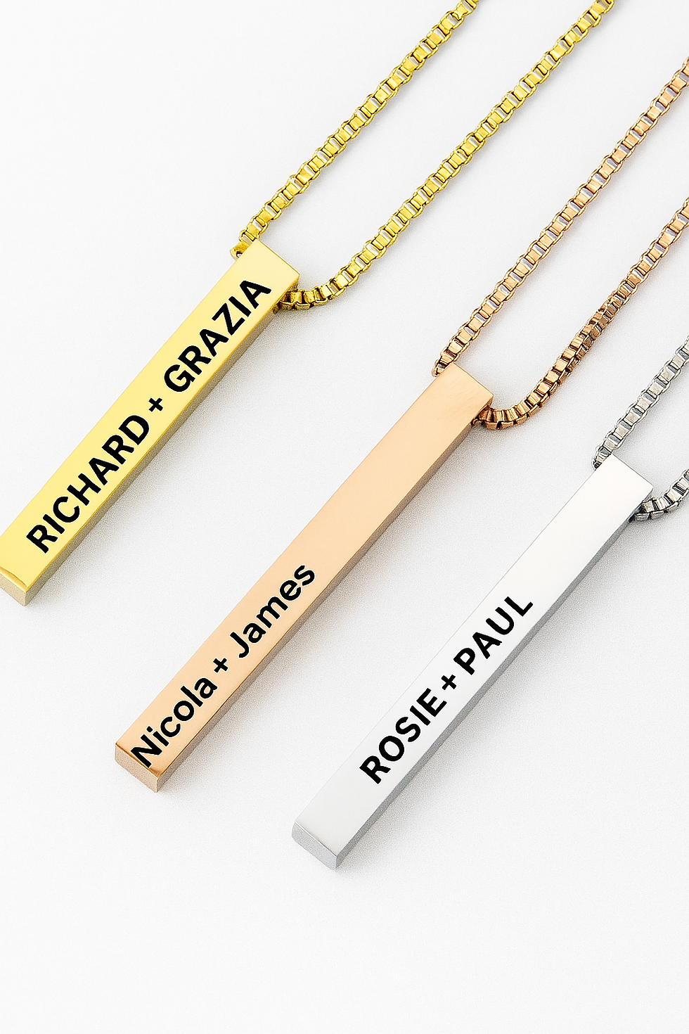 Thumbnail: Three personalized necklaces: RICHARD + GRAZIA, NICOLA + JAMES, and ROSIE + PAUL.