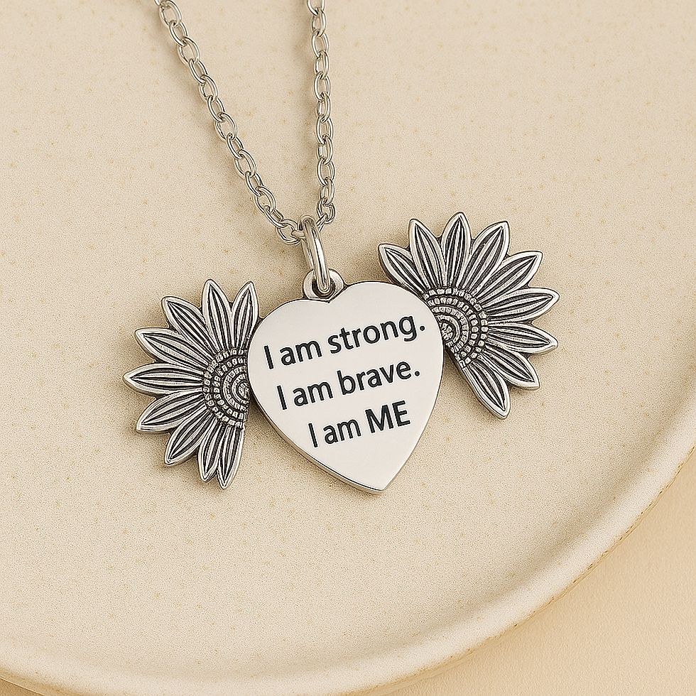 Thumbnail: Silver heart pendant necklace with text: I am strong, brave, and me.