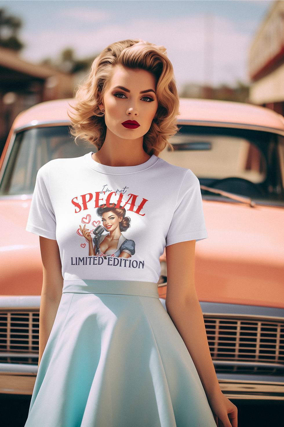 Thumbnail: Woman wearing a shirt that says "Special Limited Edition" with a vintage car in background.