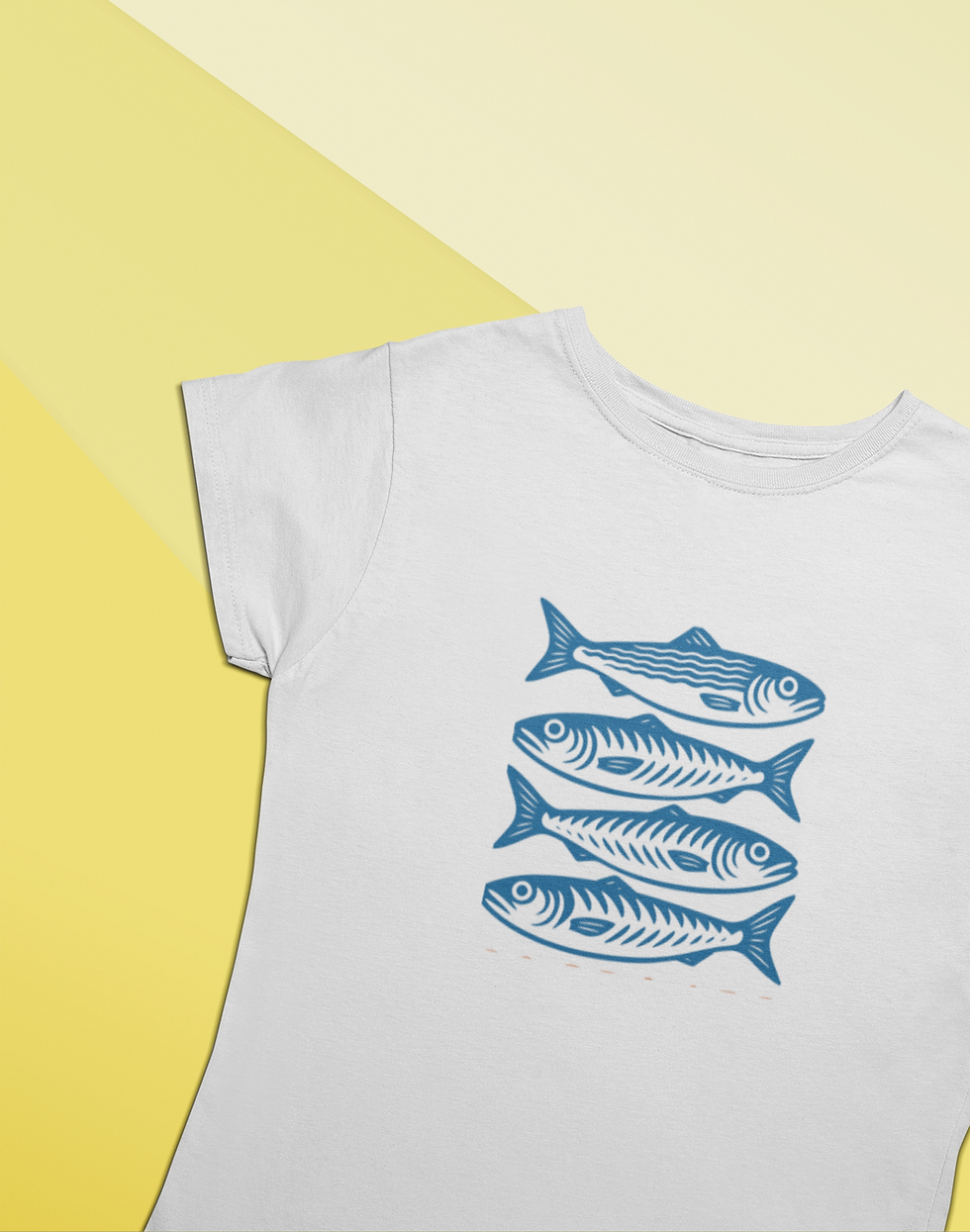 Thumbnail: White t-shirt with four blue fish design on a yellow background.